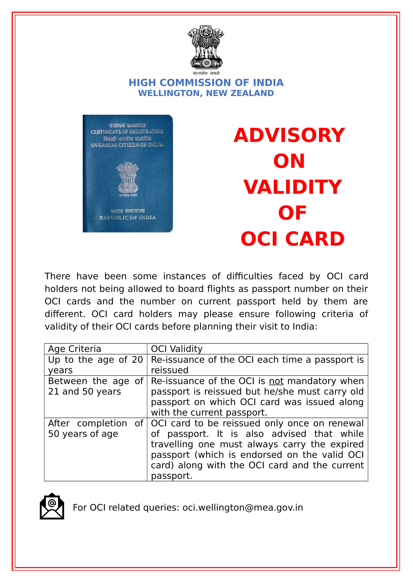 ADVISORY ON VALIDITY OF OCI CARD - Press Releases | High Commission of ...