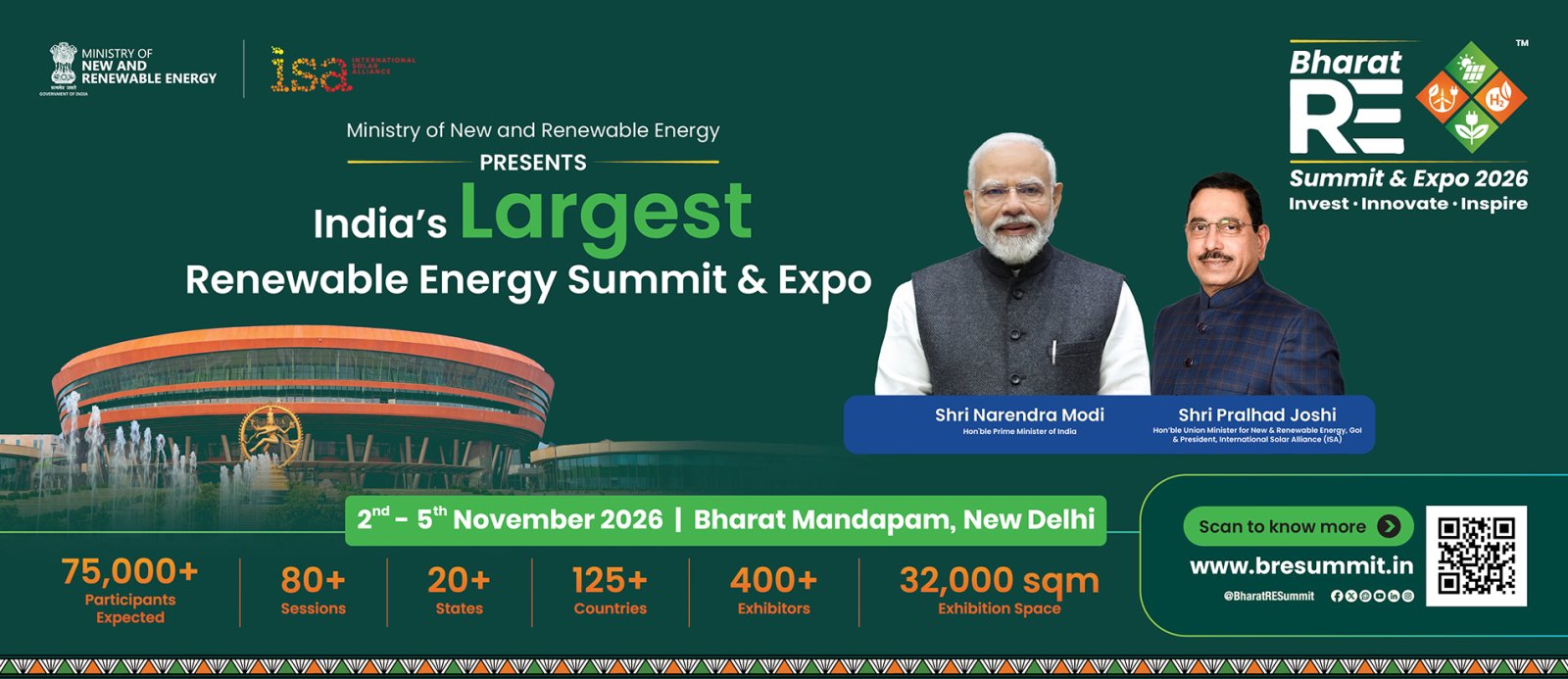 Bharat Renewable Energy Summit and Expo (BRESE) 2026, alongside 9th Session of the International Solar Alliance (ISA) Assembly and 4th International Conference on Green Hydrogen from 2–5 November 2026 at New Delhi