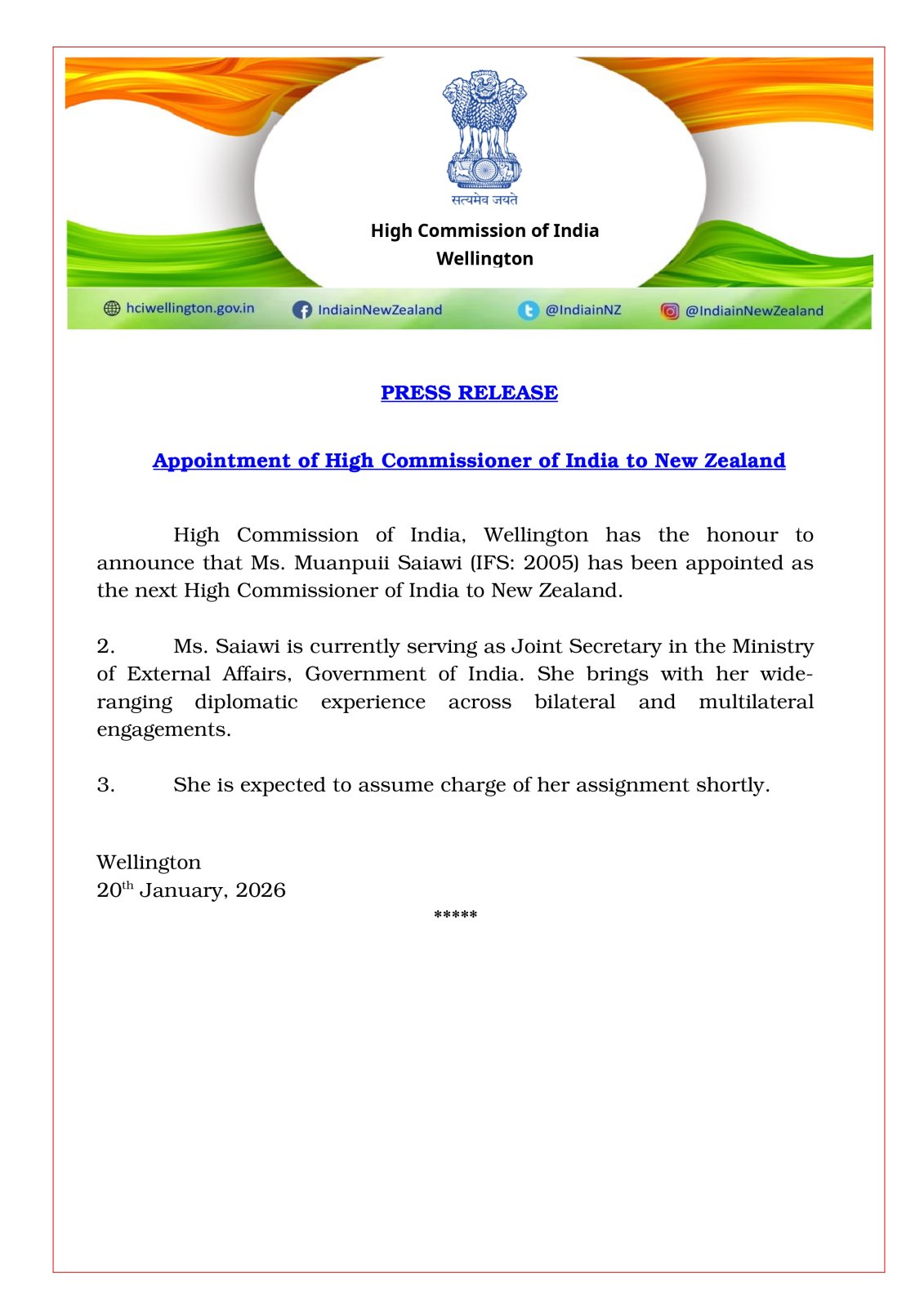 Appointment of the next High Commissioner of India to New Zealand.