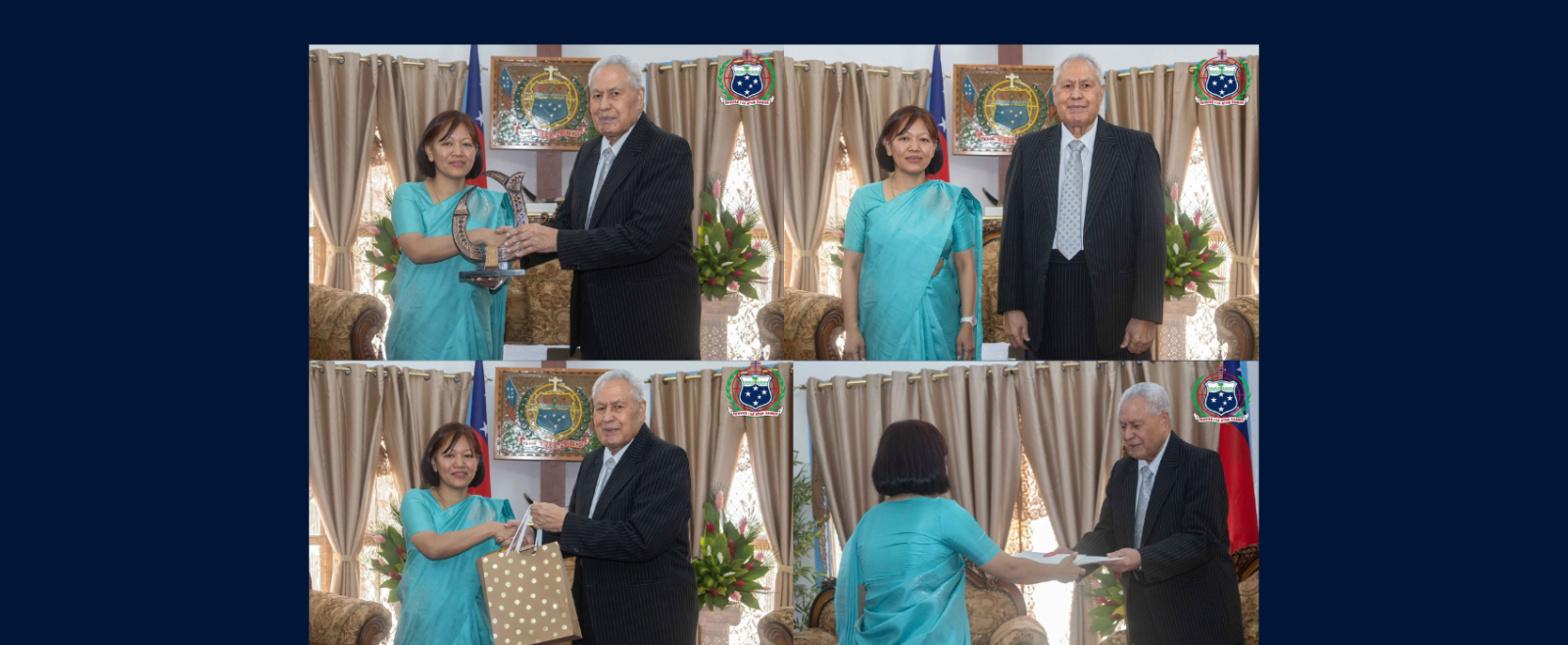 High Commissioner MuanpuiiSaiawi presented her Letter of Credence to the Head of State of Samoa, HH Afioga Tuimalealiifano Vaaletoa Sualauvi II and conveyed warm greetings on behalf of the President, the Govt and the people of India.